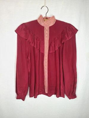 Camisa Victoriana De Colección Años 70 Seda Encaje Borgoña Volantes Rickie Freeman KOGEE 10 Foto 1 de 4