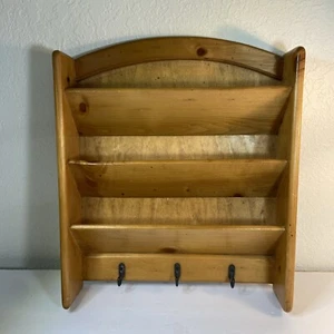 Vtg Wooden Mail Organizer Letter Bill Wall Mount Retro Key Hooks Light Brown - Picture 1 of 7
