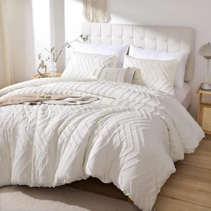 Ivory White Queen Comforter Set 3Pcs, Boho Farmhouse Queen Size Bedding Set, Ver - Picture 1 of 7
