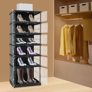 6 Tiers Shoe Shelf Storage Box Black Stackable Shoe Container Sneaker Organizer - Picture 1 of 18