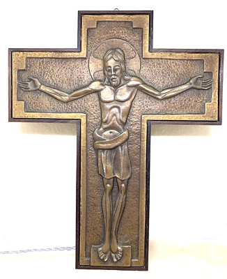 OTTAVIANI CROCIFISSO DA PARETE IN LASTRA D'ARGENTO 925 COLOR BRONZO, ANNI 60/70 - Immagine 1 di 4