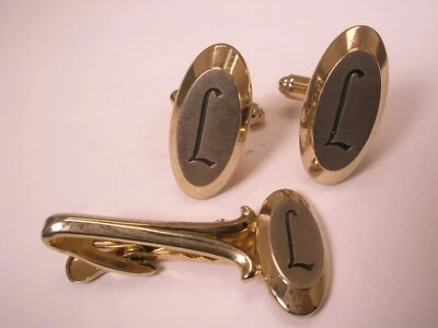 L Monogram Initial Letter Vintage HICKOK Cuff Links & Tie Bar Clip set larry lan - Image 1 of 4