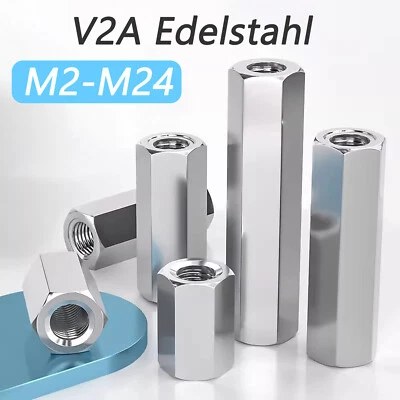 Gewindemuffen M2 - M24 Sechskant Edelstahl V2A Langmuttern Verlängerungsmuttern - Bild 1 von 3
