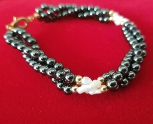 Bracciale Vintage Corda Perla ed Ematite 7,5" Bellissimo Multifilo Ottimo - Foto 1 di 6
