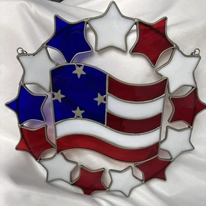 Stained Glass Red White Blue 4th Of July Stars Wreath Sun Catcher with Chain - Picture 1 of 6