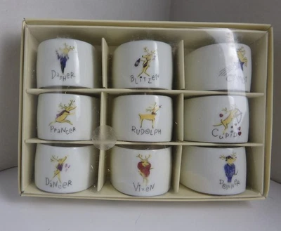 New Pottery Barn Box Set of 9 Porcelain Reindeer Christmas Napkin Rings - Image 1 of 4