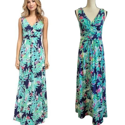 Maxi Vestido Lilly Pulitzer Sloane Mediano Todo Brillante Azul Rosa Sin Mangas Resort Foto 1 de 4