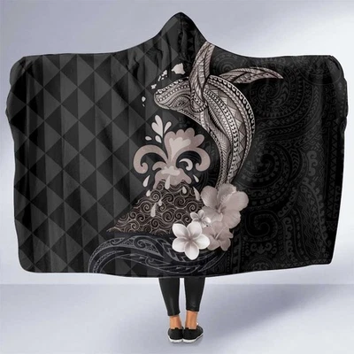 Hawaiianische Kapuzen-Decke mit Wal- und Vulkanausbruch-Motiv Hibiskus- und Kaka - Bild 1 von 4