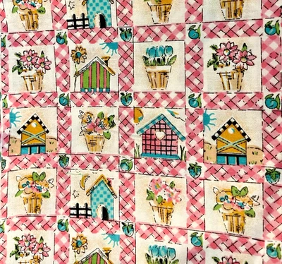 25-8-218 Cotton Fabric-1 YD X 44 INCHES-BIRDHOUSES & FLOWERS, PINK SQUARES - Image 1 of 2
