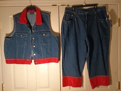 Chaqueta de mezclilla Baccini azul sin mangas y pantalones de mezclilla capri con pedrería talla 22/24 Foto 1 de 4