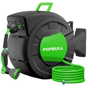 POPBULL Retractable Garden Hose Reel,1/2 in x 100ft (Green) Wall Mounted Hose... - Picture 1 of 6