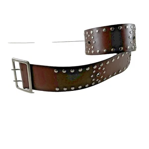 Vtg 80s MOSSIMO 3" Wide Leather Belt Womens Sz L Brown Silver Buckle/Rivets - Picture 1 of 8