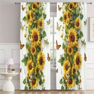 2Pcs Sunflower Butterf Window Curtains Drapes Girl's Bedroom Living Room Kitchen - Picture 1 of 17