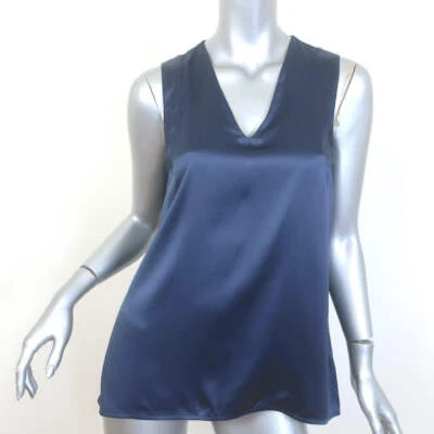 Blusa sin mangas Brunello Cucinelli elástica de seda satinada azul marino talla mediana cuello en V Foto 1 de 4