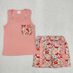 Summer Baby Girls Boutique Outfit Pink Tank Top Floral Ruffle Shorts Set - Picture 1 of 15