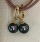 AAA+ natural 8-9MM Tahitian black green round pearl earrings fine silver