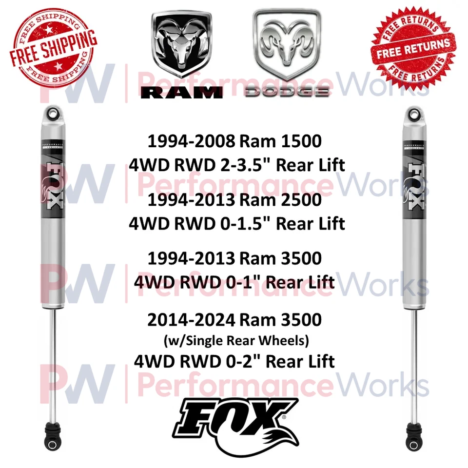 Par de amortiguadores de elevación trasera Fox 2.0 para Dodge Ram 1500 2500 3500 1994-2024 tracción trasera 4x4 Foto 1 de 4