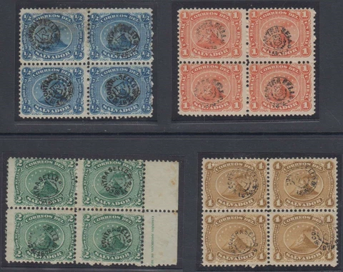 EL SALVADOR 1874 Sc 5-8 FULL SET IN BLOCKS OF FOUR MNH F,VF & SCARCE SCV$480.00+ Cover