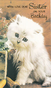 Siostra Happy Birthday Vintage lata 70. Kartka z życzeniami ~ Uroczy biały kot Kotek