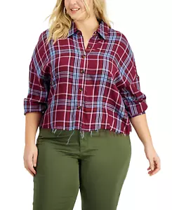 Love Fire Womens Plus Size 1X Raw Hem Plaid Button-Down Top Burgundy Blue 1442 - Picture 1 of 8