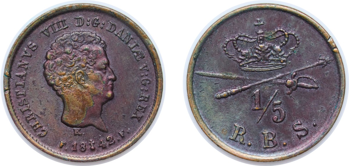 Denmark 1842 ⅕ Rigsbankskilling Copper XF | eBay