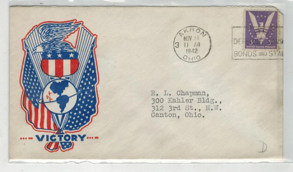 Segunda Guerra Mundial Patriótico 1942 AKRON OHIO VICTORIA ÁGUILA/ESCUDO ETC. POR POPPENGER Foto 1 de 1