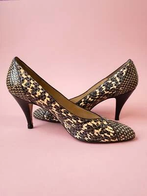 80's Vintage BALLY Snakeskin Leather Black Grey Cream High Heel 8N 7.5 - Image 1 of 4