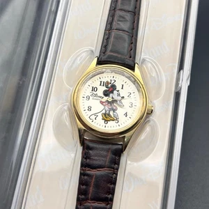 Disney Minnie Mouse Stainless Steel Watch Gold Tone Black Leather Strap Case - Picture 1 of 9