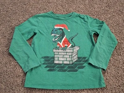 男孩 Cat & Jack Christmas T-Rex 圣诞老人衬衫 M 码 8-10 绿色长袖 — 第 1/4 张图片