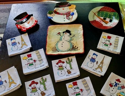 ¡Lote muñeco de nieve! 9 adorables servilletas de tela MCM 4 platos para servir Navidad Foto 1 de 4