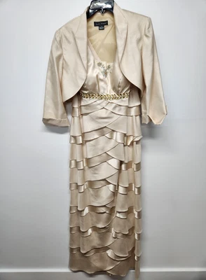 Jessica Howard Women's 2Pc Maxi Gold Tiered/Layered Dress With Jacket, Size 10 - Image 1 of 4