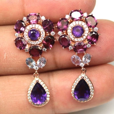 Pendientes de plata de ley 925 púrpura amatista, rodolita y circón Foto 1 de 4