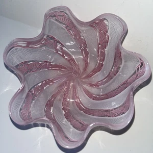 VINTAGE LATTICINO ZANFIRICO MURANO ART GLASS BOWL PINK WHITE 4.75” RUFFLE EDGE - Picture 1 of 6