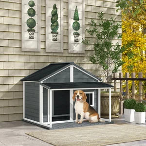 Outdoor Wooden Raised Cabin Dog House w/ Porch, Medium/Large, 53 Lbs., Grey - Picture 1 of 11