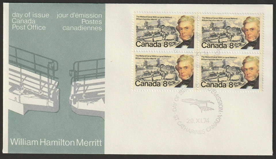 Canadá #655, William Hamilton Merritt, bloque, portada oficial del primer día, FDC 1974 Foto 1 de 1
