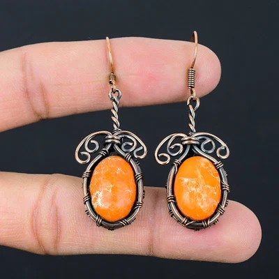 Orange Sea Sediment Gemstone Handmade Copper Wire Wrap Wedding Earring Jewelry - Image 1 of 4
