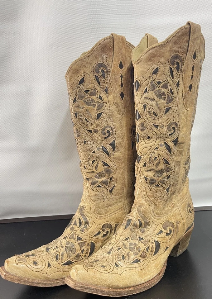 Corral винтажный старинный седло матовый лазер коричневый желтовато-коричневый ботинки женщин 7 1/2 - Изображение 1 из 4