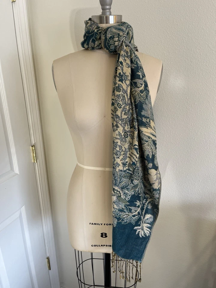 "Bufanda de cachemir y seda con borlas chal estola beige verde azulado y hojas de flores 27,5x71""" Foto 1 de 4