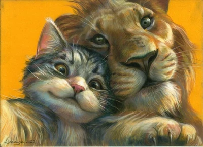 dibujo original 21 x 29 cm 173SkV ilustraciones pastel moderno gato y león selfie Foto 1 de 2