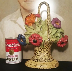 10" antique cast iron doorstop garden flower basket home bouquet vtg cottage art - Picture 1 of 11