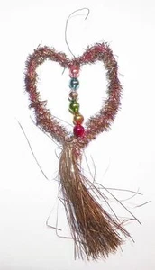 Tinsel Heart Christmas Ornament Colorful Beads Silver Red Antique #27 - Picture 1 of 3