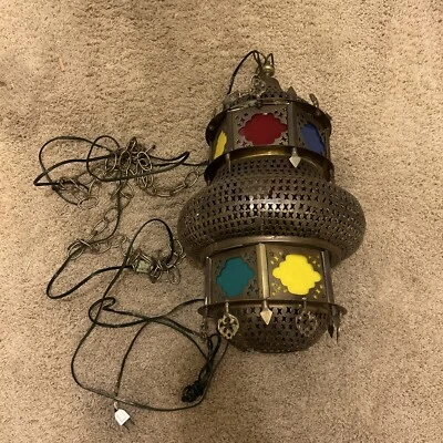 Lâmpada pendurada em mosaico turco vermelho roxo amarelo verde latão 20 pol x 11 pol - Imagem 1 de 4