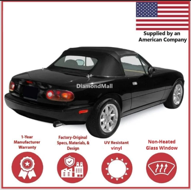 Conversível Soft Top Fit 1990-2005 Mazda Miata com PONTO NÃO AQUECIDO Janela de Vidro Preto - Imagem 1 de 2