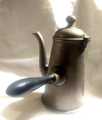 Cafetera de peltre de colección con mango lateral Manning Bowman & Co tapa cuello de ganso boquilla Foto 1 de 4