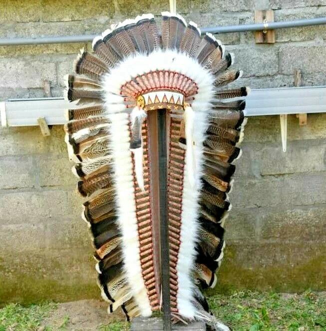 Headband Feather Indian Turkey Brown Native Warbonnet Headdress Handmade 37"long - Image 1 of 4