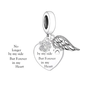 💖 Dog Cat Memorial Charm Forever In My Heart Paw Genuine 925 Sterling Silver  - Picture 1 of 2