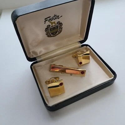 Gemelos y corbatas Foster de colección caja original tono dorado acento rojo clásico firmado Foto 1 de 4