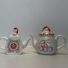 Vintage Mary Engelbreit Tea Pot Ornaments Me Ink White Red Cherry Flowers