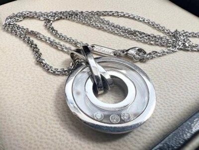 Chopard Happy Diamond 18k Oro Blanco Doble Cadena Redondo Colgante Collar con... - Imagen 1 de 4