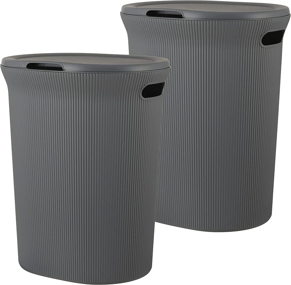 Superio 40L Ribbed Plastic Laundry Hamper with Lid- Grey (2 Pack) - Image 1 of 1